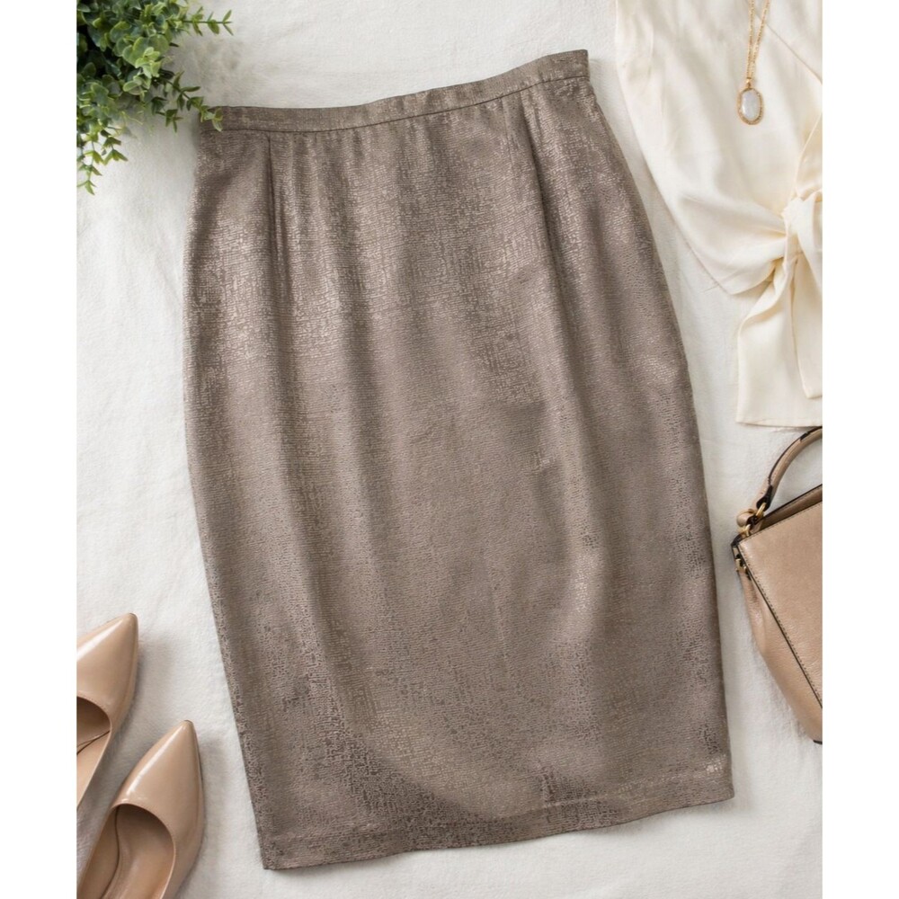Adrianna Papell Silk Pencil Skirt Size 16 Taupe Textured Sheath Lined Classic